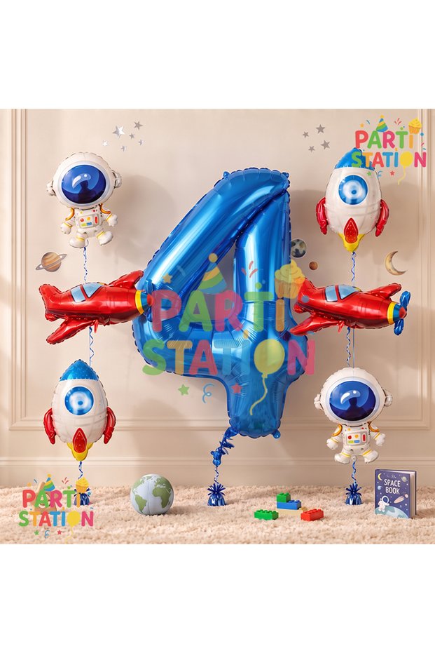 Navy Blue Color Number Balloon Space Concept 4 Year Old Birthday Balloon Set Galaxy Astronaut Space Rocket Balloon