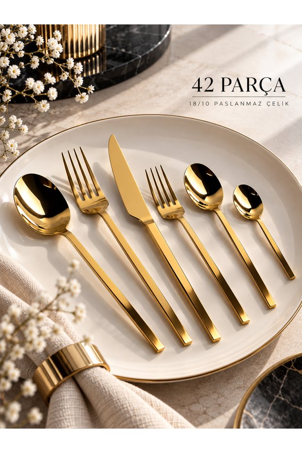 42 Piece Carre Fork Spoon Knife Set Titanium Gold