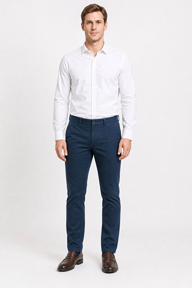 Navy Blue Side Pocket Straight Leg Dobby Slim Fit Cotton Pack Chino Trousers 1003260165