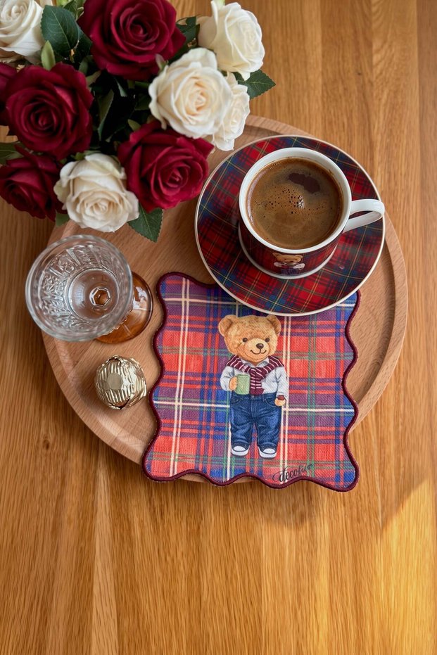 Burgundy Plaid Fairy Tale Teddy Bear Embroidered Cocktail Napkin 1 Piece