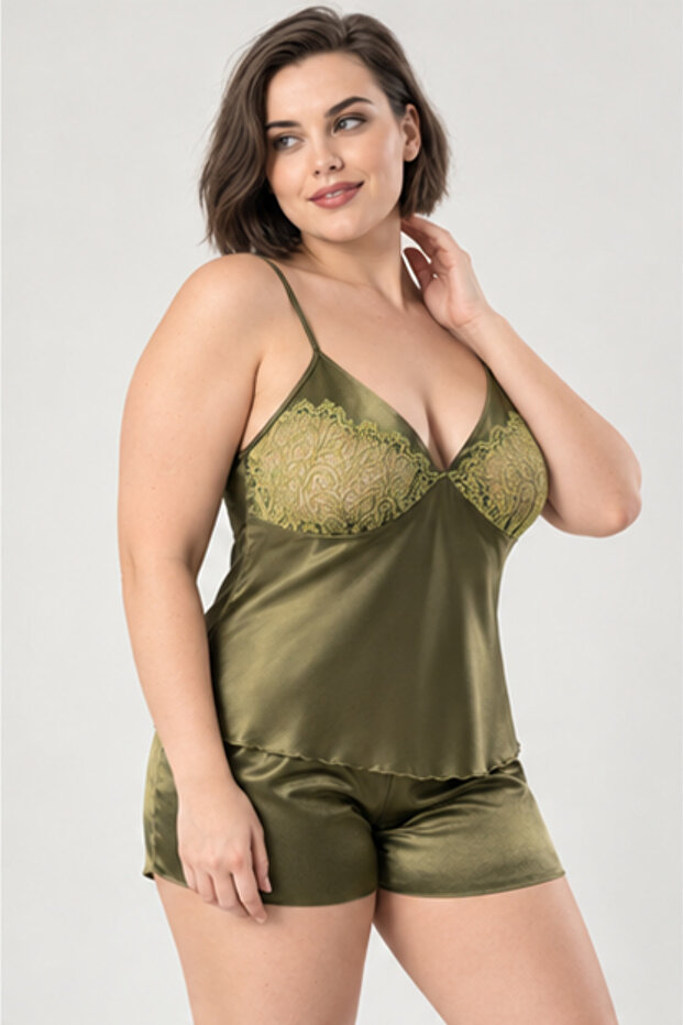 Women's Khaki Plus Size Lace Detailed Satin Shorts Pajama Set