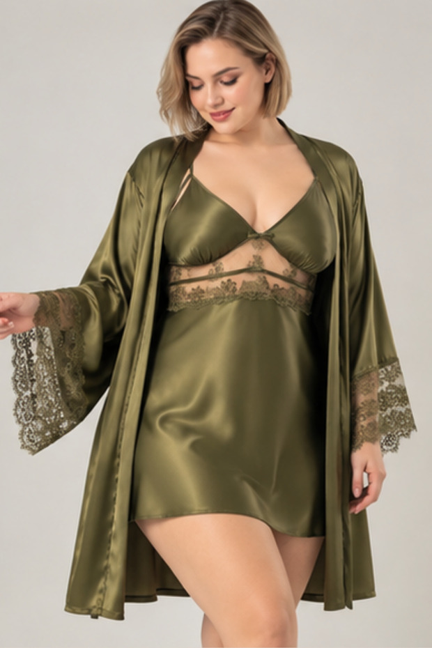 Women's Khaki Large Size Satin Nightgown Set with Transparent Panels, 2-Piece