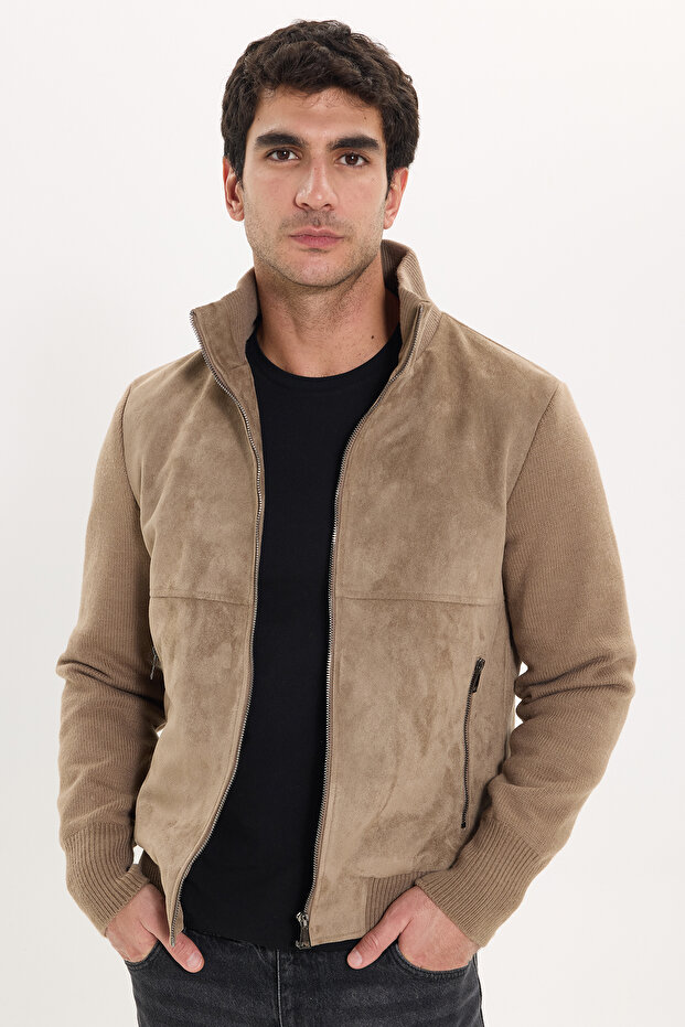 Men's relax fit casual cut stand collar zippered lined suede look knitwear mink coat with sleeve pockets