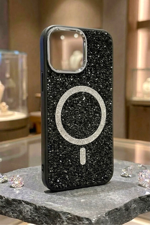 iPhone 13 Compatible Black Luxury Magsafe Premium Crystal Stone Sparkling Case