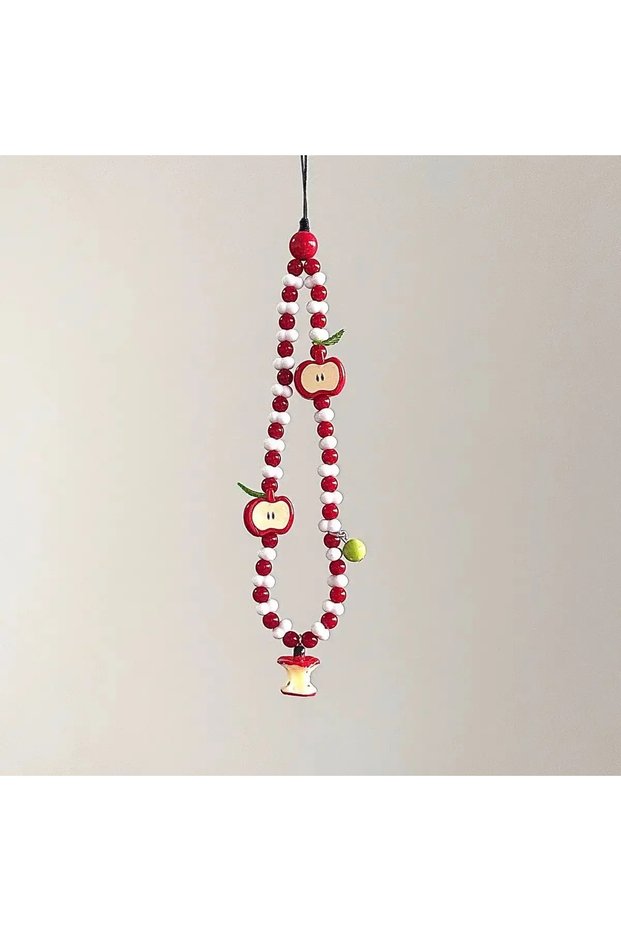 1PCS With Fruit Charms Pendant Cute Kawaii White Red Bead Handmade Strap For Phone Airpods Earphones