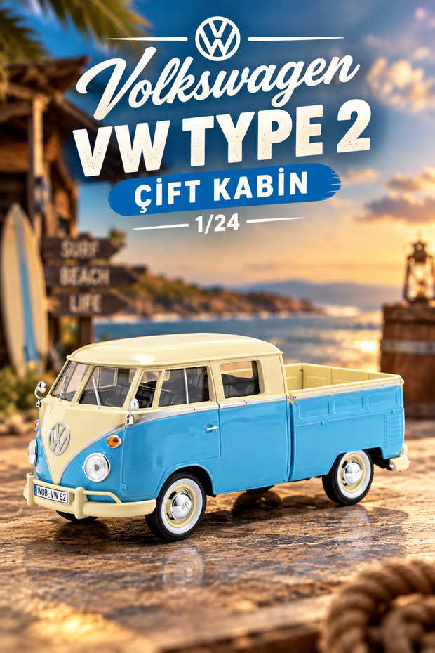 Volkswagen Vw Type 2 Double Cab Blue/White 1/24 Diecast Metal Model Car