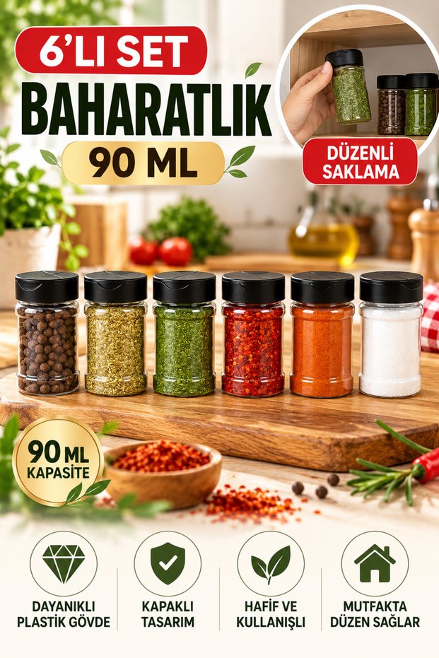6-Piece Durable Plastic Spice Rack Set – Transparent Body, Black Lid, 90 ml for Organized Kitchens