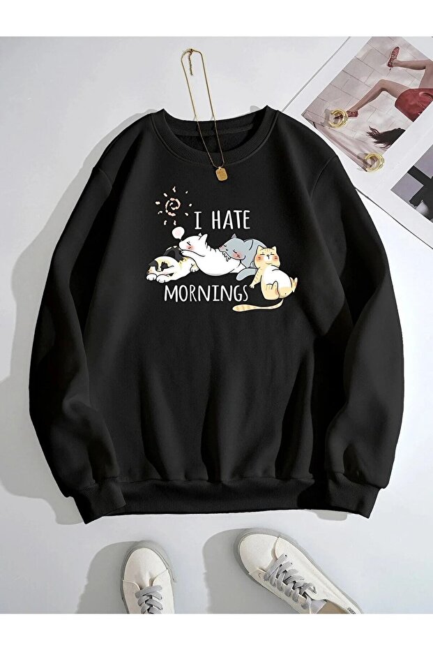 3 Thread Black Sleeper Cat's Printed Oversize Crew Neck Sweatshirt