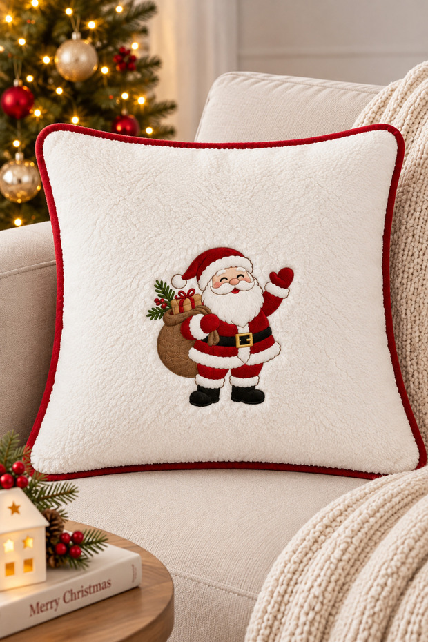 40 X 40 cm with Piping Around - New Year's Embroidered Plush Throw Pillow - 2 Pieces