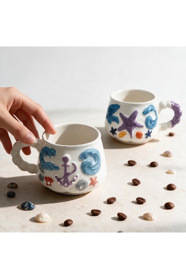 Sea 2D Embossed Pattern Ceramic Mugs