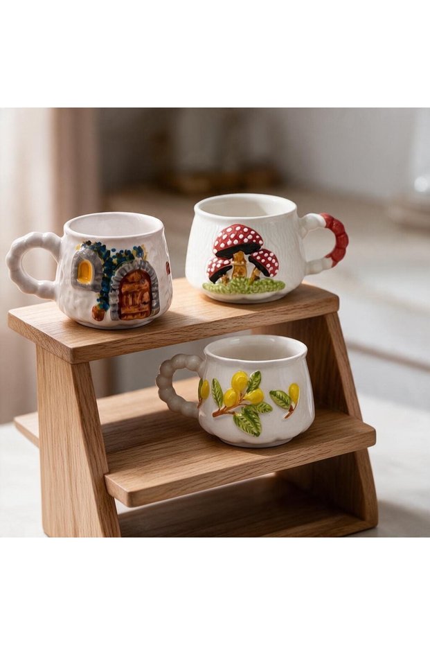 Embossed Patterned 2D, 3-Piece Mug Sets, Double Sided, Hand-Crafted, 2 Different Options