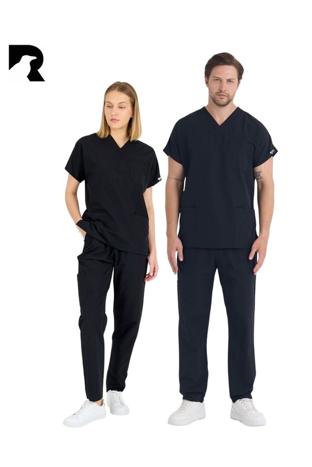 Black Team Terry Cotton Unisex Bat Sleeve Nurse and Doctor Uniform Set Scrubs Hospital Uniform