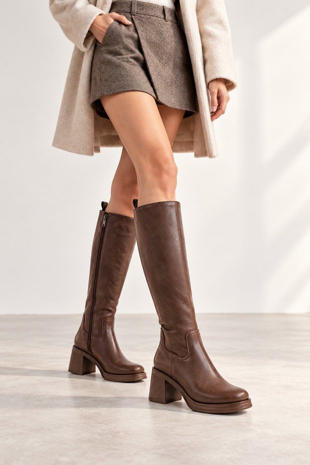 Women's Brown Thick Heeled Blunt Toe Boots with Elastic Back
