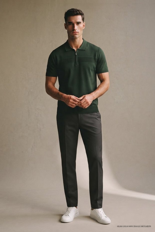 Men's Trend Green Polo Collar Knitwear T-Shirt