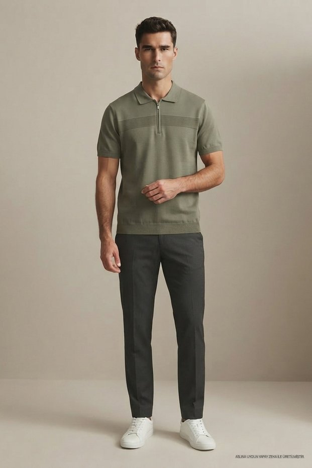 Men's Trend Khaki Polo Collar Knitwear T-Shirt