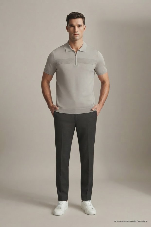 Men's Trend Gray Polo Collar Knitwear T-Shirt