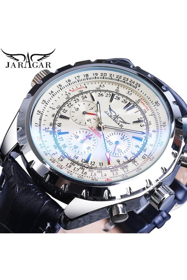 Leather White JARAGAR 212 Elegant Automatic Mechanical Watches for Man Hollowing Dial Chronograph Lu