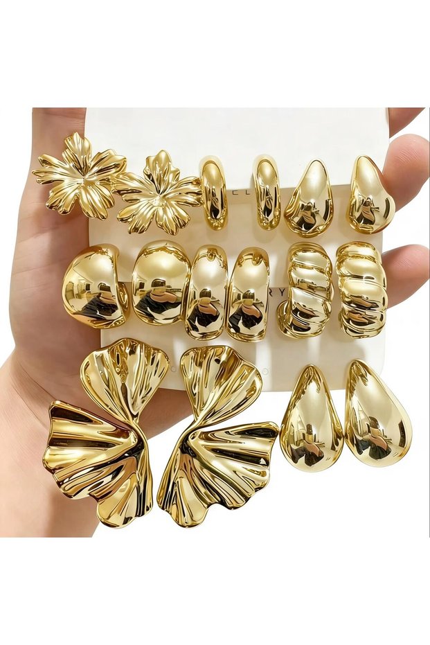 golden F 12pcs Fashionable Lightweight CCB Smooth Flower, Bow, Heart Shaped Earring Set, Suitable Fo