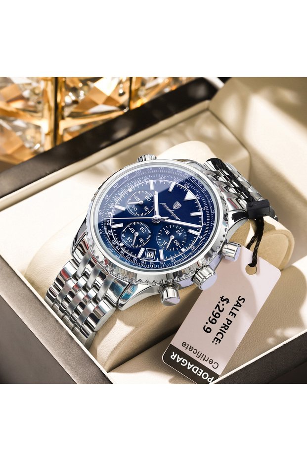 960 Silver Blue POEDAGAR Luxury Sport Man Watch Chronograph Date Waterproof Luminous Men's Quartz Wa