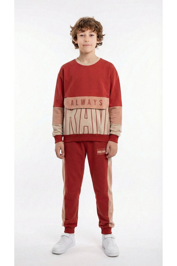 Always Brave Printed Kangaroo Pocket Detail Crew Neck Bottom Top Boy's Tracksuit Set