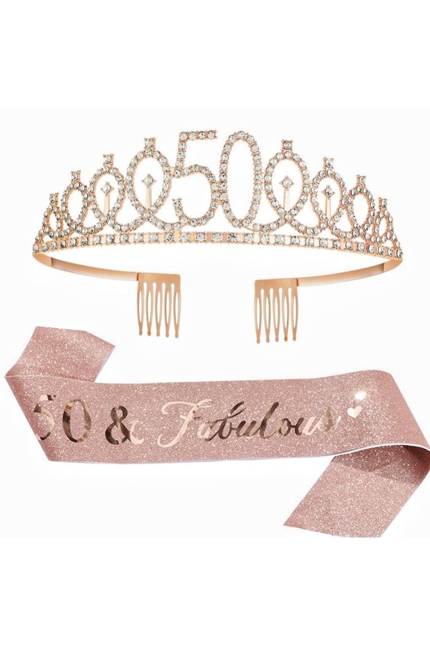 Cs-Rose Gold-50 Birthday Tiara Crown Sash Women Girls 18Th 21St 30Th 40Th 50Th 60Th 70Th Birthday Pa
