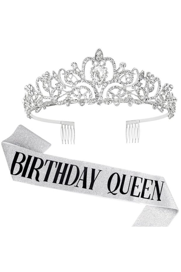 silver 2pcs/set Bling Rhinestone Crystal Crown Tiara Birthday Girl Queen Sash Crown for Women Girl B