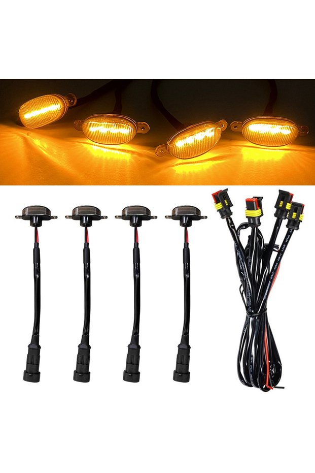 4pcs Yellow Light 4pcs/set Universal Car LED Grille Light Yellow Amber Decoration Lights Wire Harnes