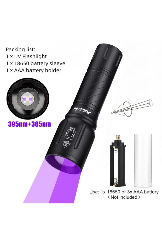 NO Battery 365nm+395nm Zoom 2-in-1 LED High Power UV Light Flashlight Curing Ore Scorpion Money Cat