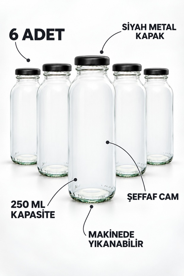 6 Pieces Smoothie Transparent Juice, Soft Drink, Lemonade Bottle Empty Glass Bottle with Black Metal Cap 250 ml