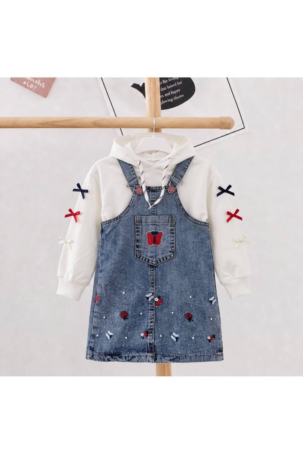 Embroidery Detailed Girls' Denim Gilet 2-Piece Hooded Sweet Set Oversize Fit Denim