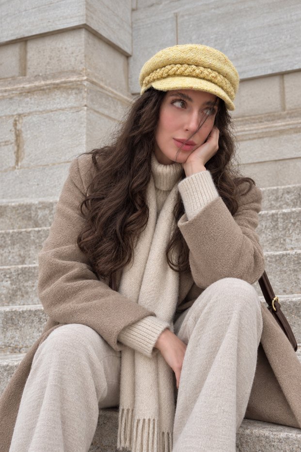 Women's Yellow Winter Newsboy Hat | Knitted Detailed Journalist Cap