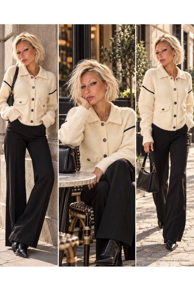 Women's Clothing New Season Design Button Silver Detailed Cream Color Cardigan