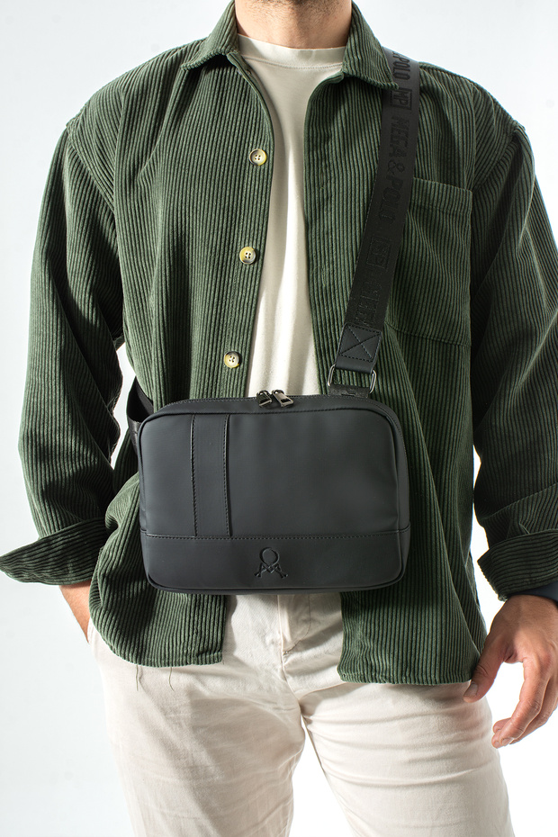 Black Faux Leather Canvas Fabric Crossbody Bag Unisex Tablet Bag Shoulder Bag with Strap
