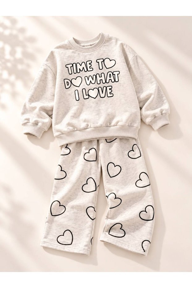 Girl's Slogan Text Detailed Sweatshirt + Leggings Top and Bottom Set