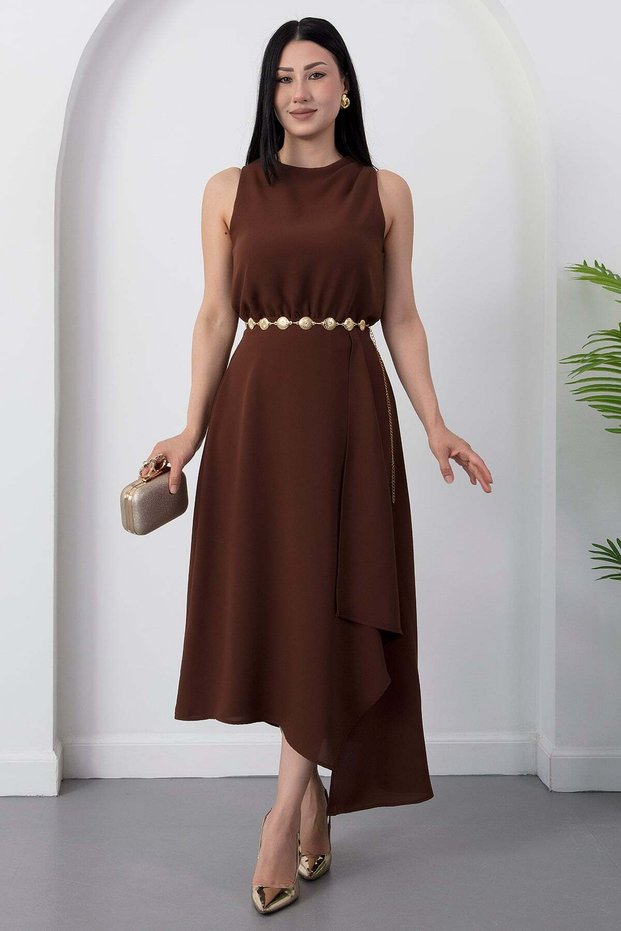 Crew Neck Chain Belted Crepe Dress Grs3992