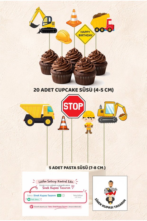 Construction Cars Concept 5 Pieces Cake Decoration 20 Pieces Cupcake Mini Set Birthday Cake Decoration