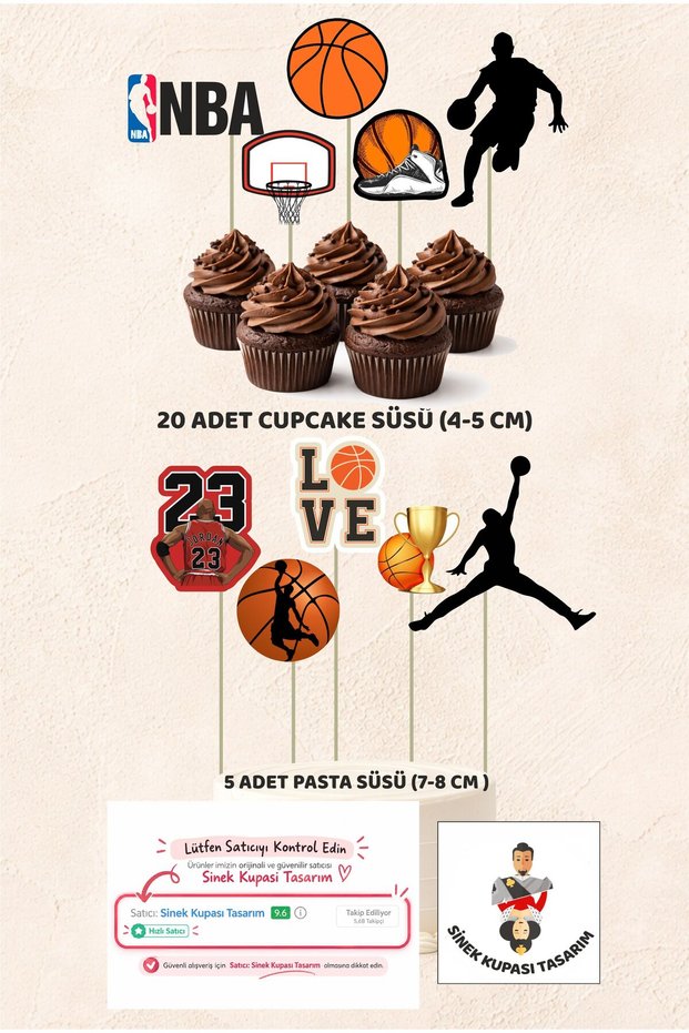 Basketball Adult Concept 5 Pieces Cake Decoration 20 Pieces Cupcake Mini Set Birthday Cake Decoration