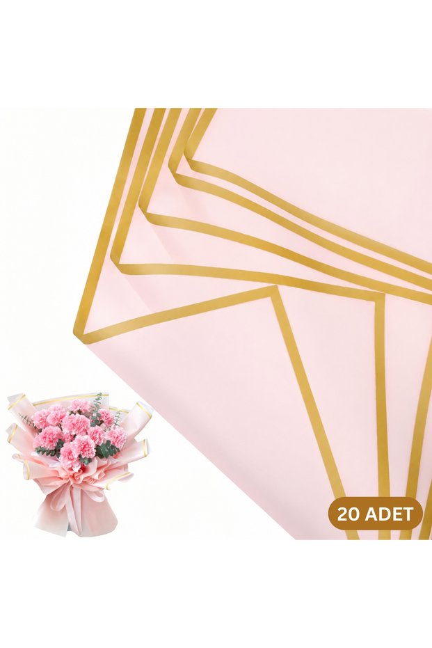 Flower Bouquet Paper - Flower Wrapping Paper - Pink - Gold Edged - Matte Opp 58X58 cm - 20 Pieces