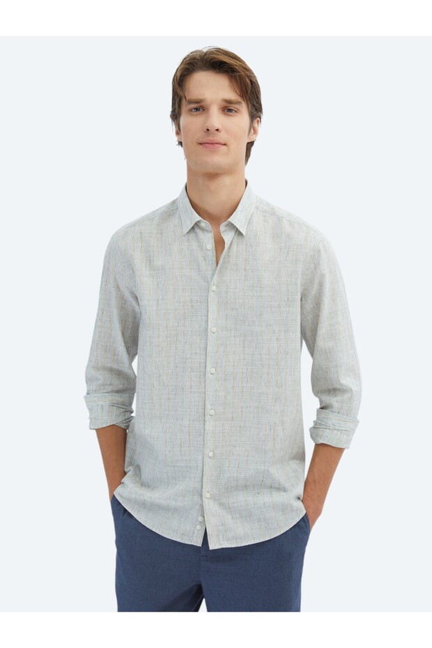 Blue Striped Regular Fit Long Woven Casual Cotton Blend Shirt