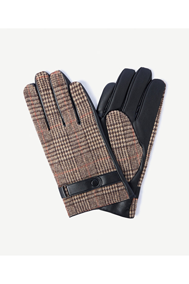 Houndstooth Patterned and Leather-Look Gloves