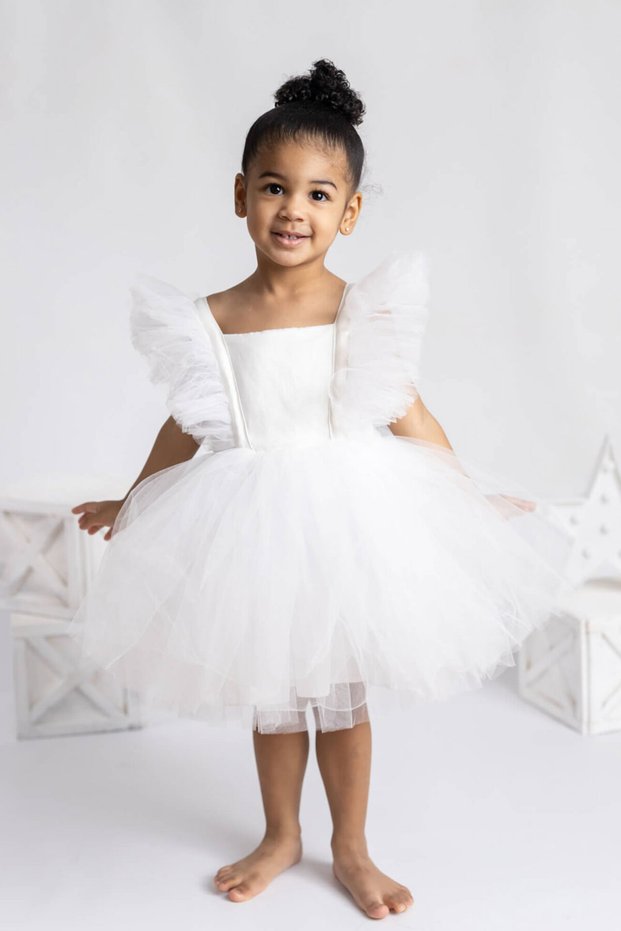 Ecru Girls' Dress with Tulle Shoulders - Caroline