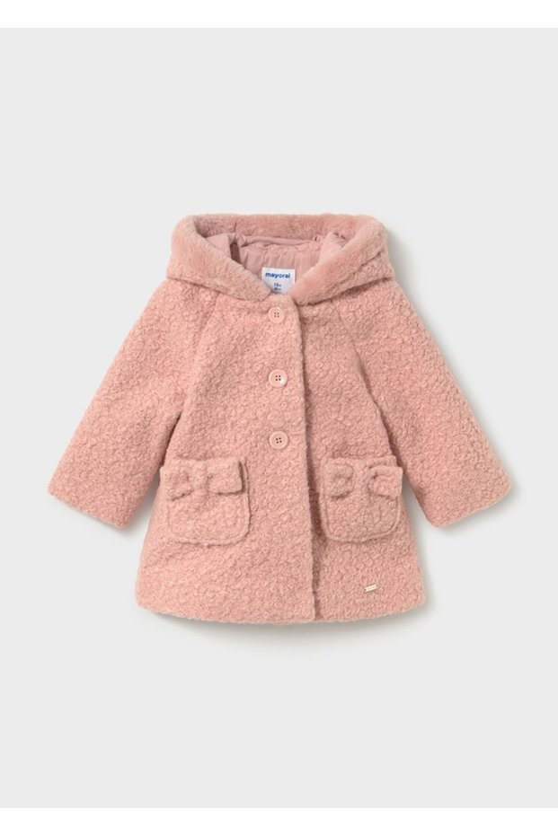 Hooded Ribbon Pocket Detailed Buttoned Baby Girl Plush Coat 2436