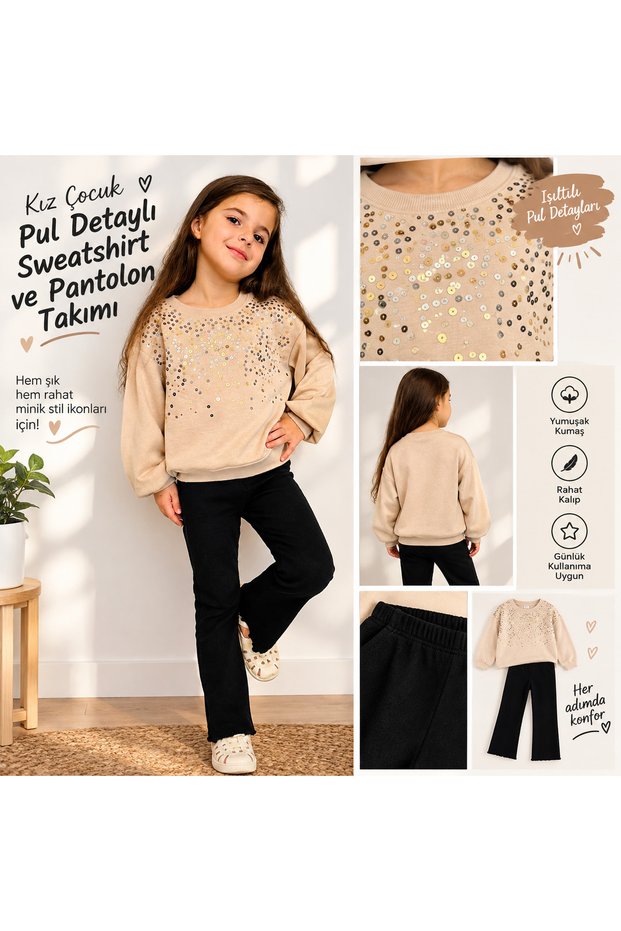 Girls' Casual Sequined Balloon Sleeve Sweatshirt and Spanish-Style Ruffled Leggings