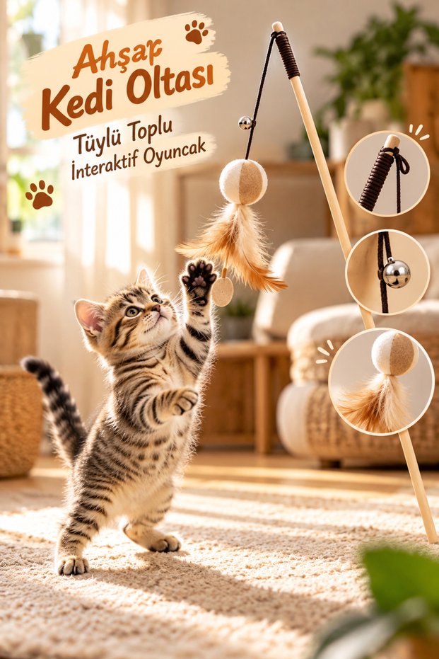 Wooden Cat Fishing Rod Interactive Cat Toy with Natural Feathers and Bell - 1 Pc