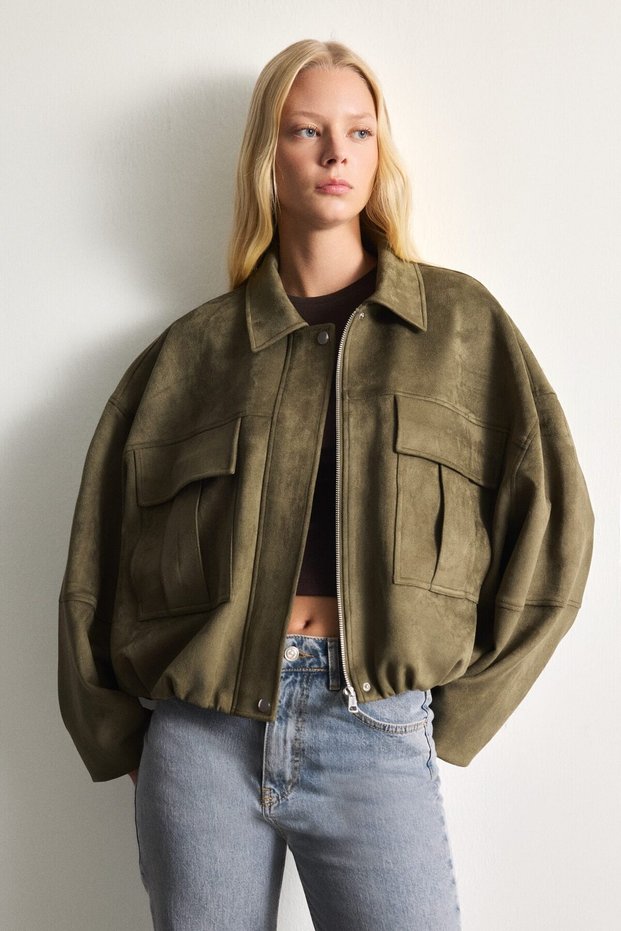 Balloon Fit Jacket with Collar, Zipper and Snap Closure Jacket Coat H3823Ax26Au