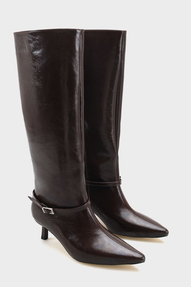 Women's Marci Short Heeled Buckle Boots - Brown-Patent Leather