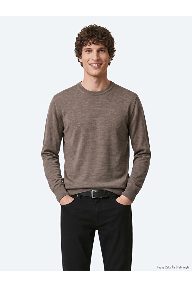 Mink Crew Neck Plain Knit Wool Blend Sweater