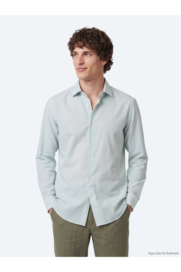 Green Plain Regular Fit Long Woven Casual Cotton Blend Shirt