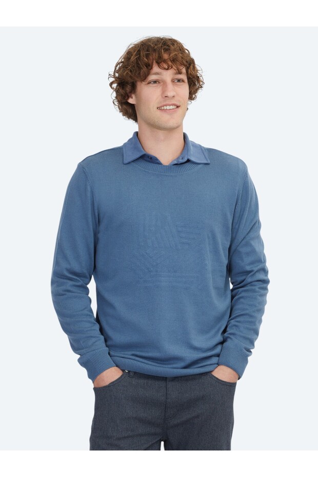 Aviator Blue Crew Neck Patterned Cotton Blend Knit Sweater