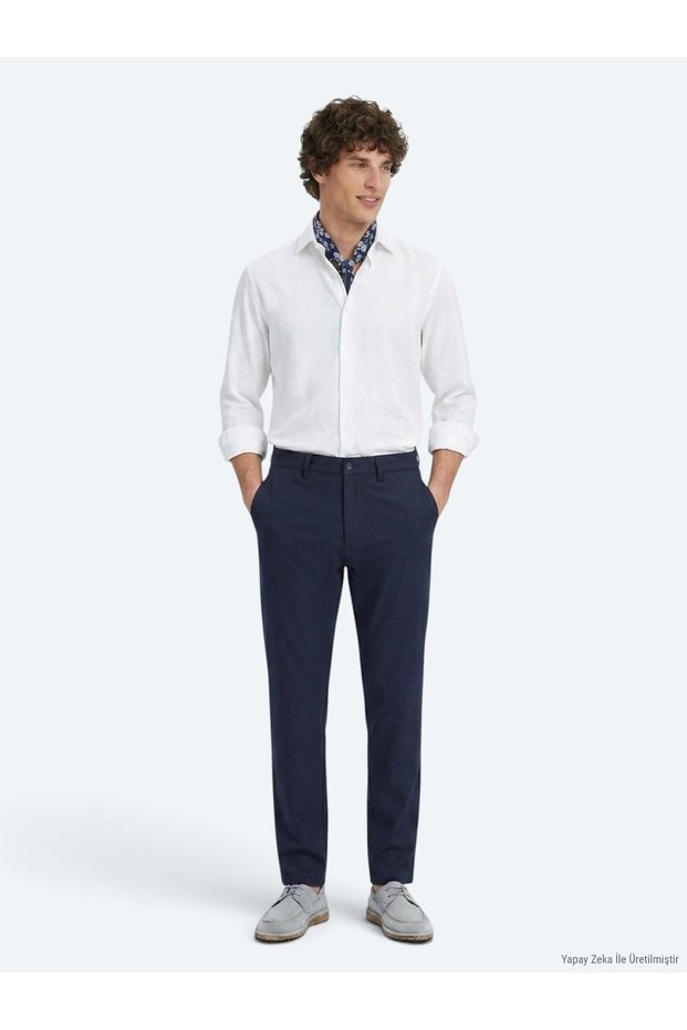 Navy Blue Straight Woven Regular Fit Casual Trousers